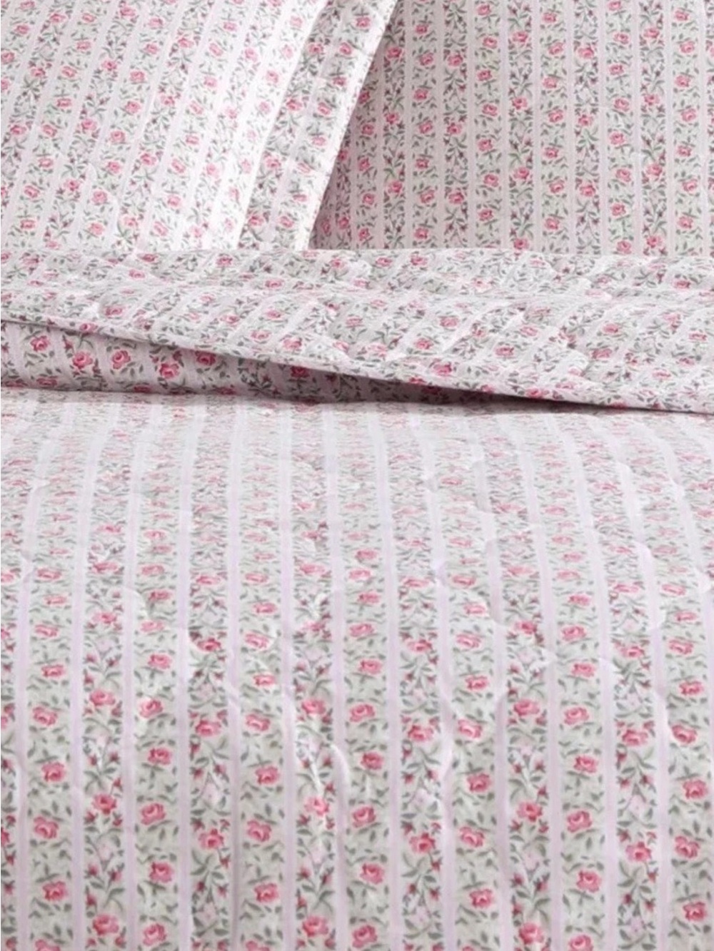 Pink Floral Striped KING 3 Pc. Quilt Set ~ 100% Cotton ~ Timeless All Seasons - Picture 11 of 16